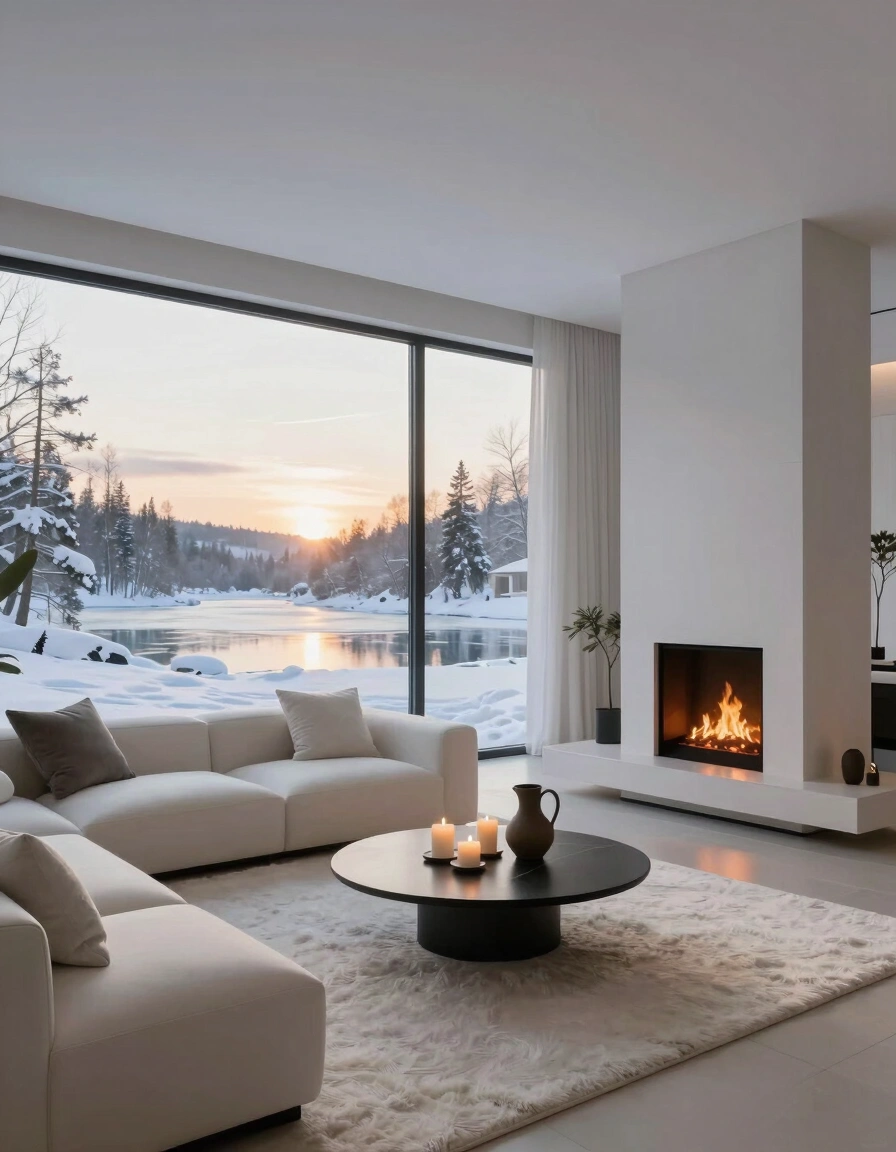 Modern living room with white sofa, circular fireplace, and large windows showing a snowy landscape and frozen lake at sunset.