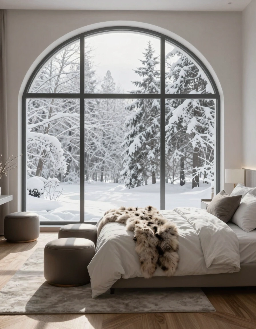 A peaceful winter bedroom scene with a large curved window, minimalist white bed, and leather ottomans on a wooden floor.