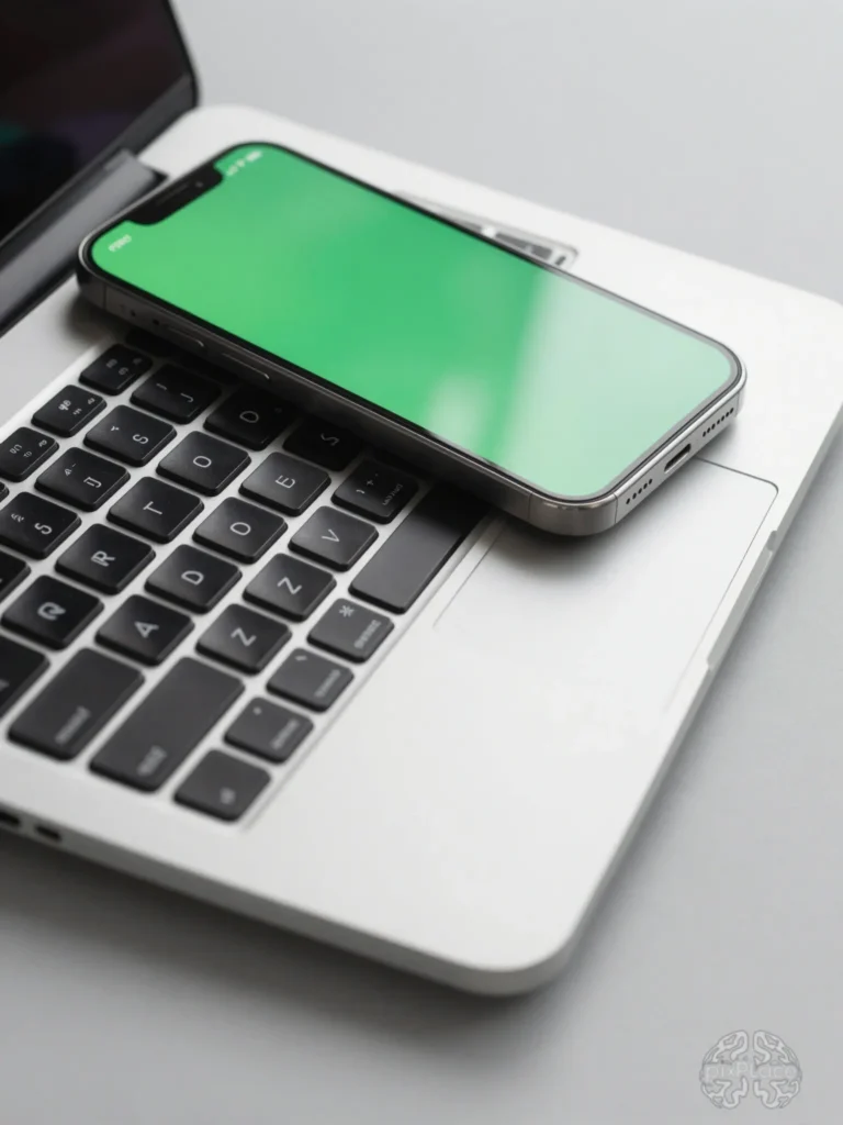 Silver smartphone with green screen on laptop keyboard