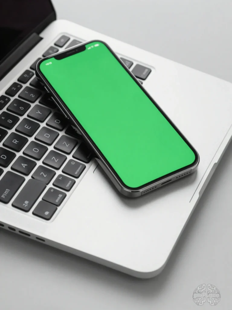 Silver smartphone with green screen on laptop keyboard