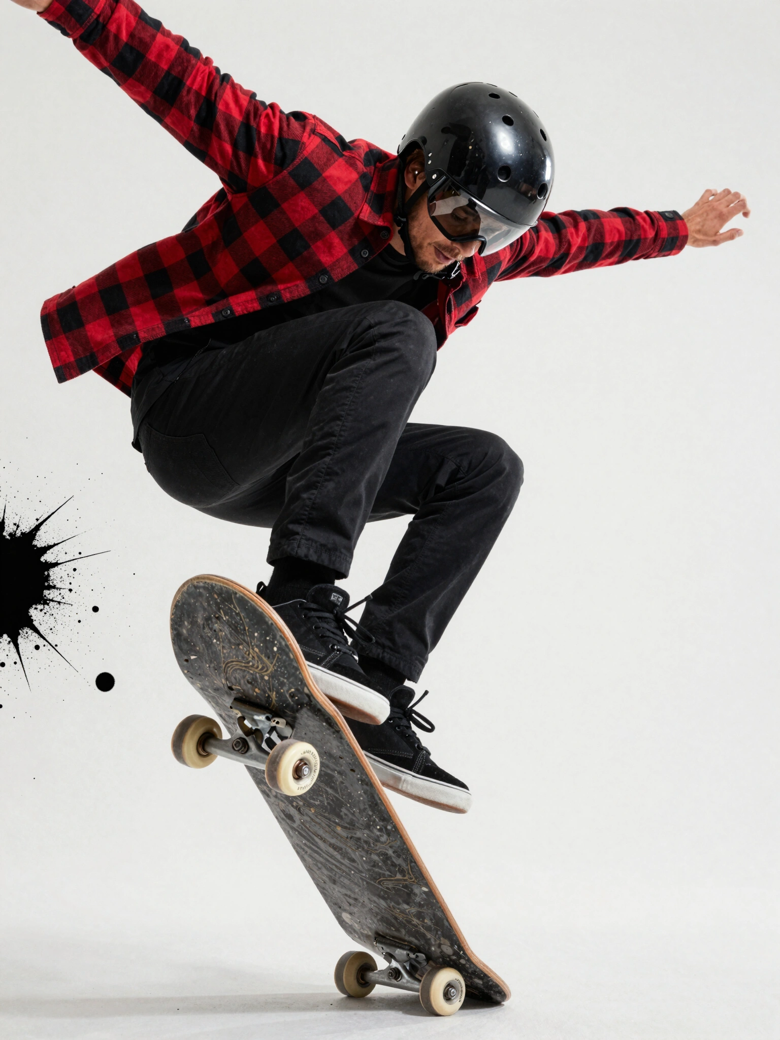 Skateboarder in mid-air, performing a trick on a skateboard with a white background and black paint splatters.