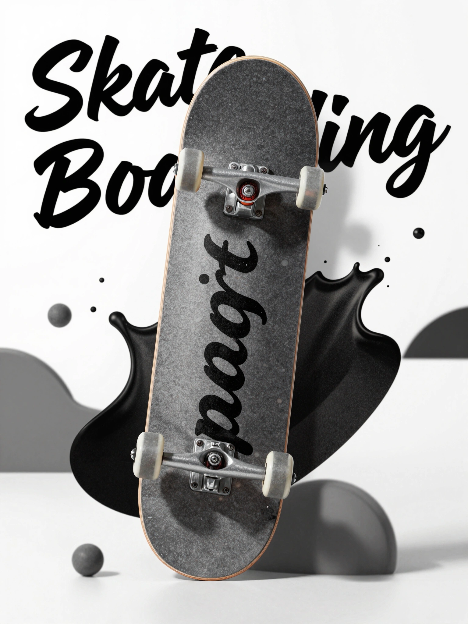 Skateboarding product mockup with skateboard and text 'Skate Boarding' in bold, black font, on white background, with dynamic splashes and abstract shapes.