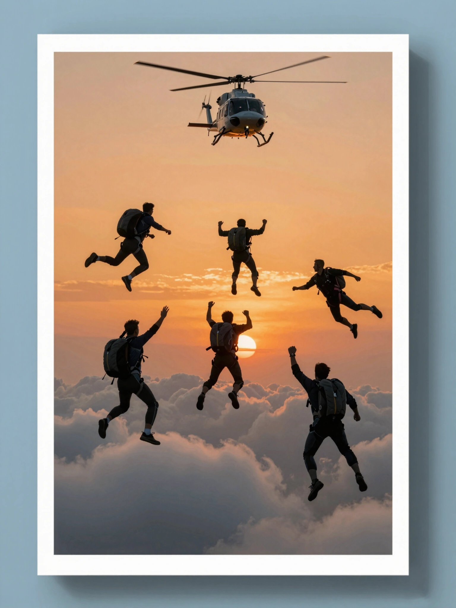 A hyper-realistic mockup image of skydivers in freefall against an orange sunset, with a helicopter visible in the distance.