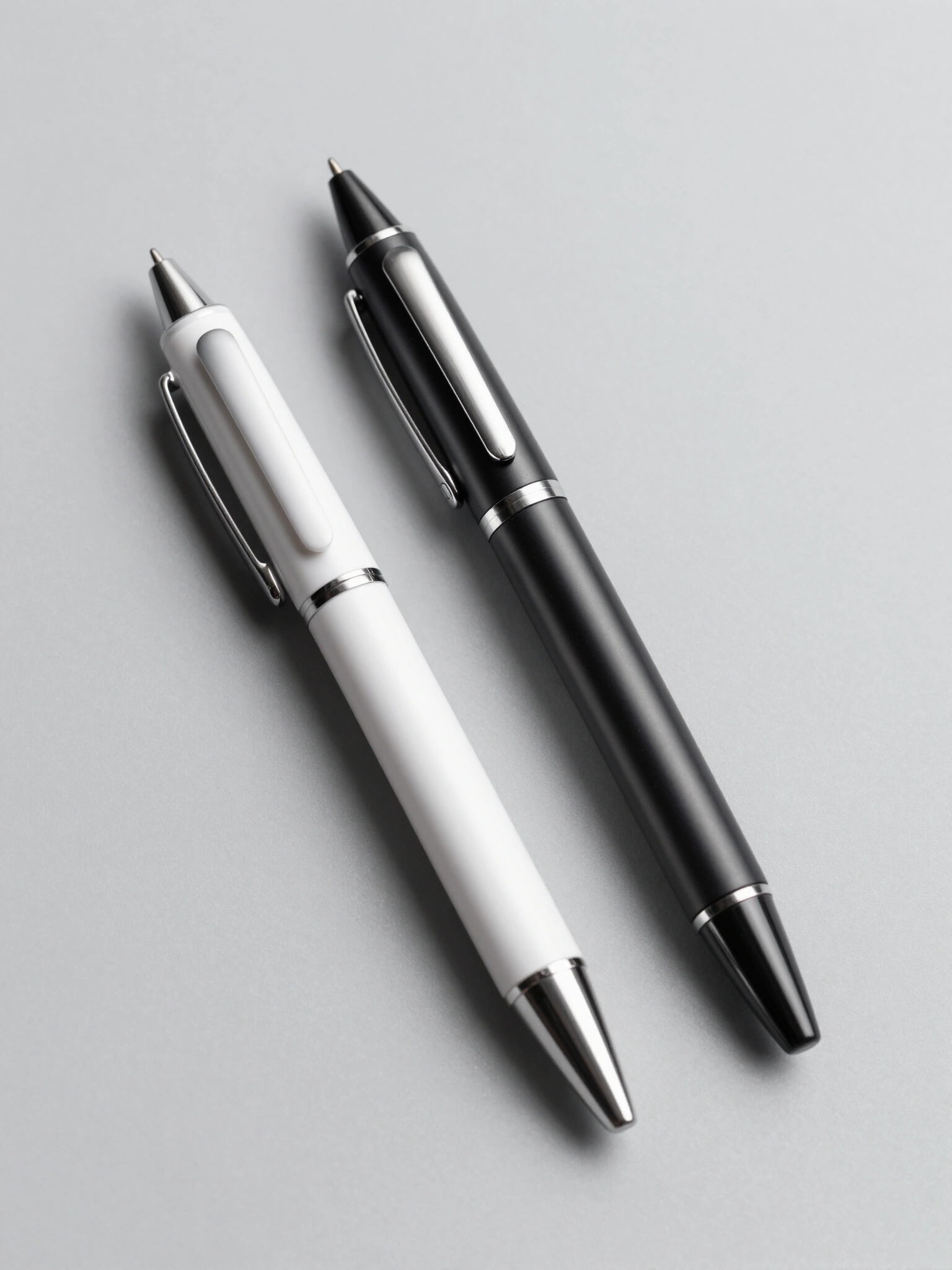 Two modern pens, one white and one black, with silver accents, placed on a light gray background.