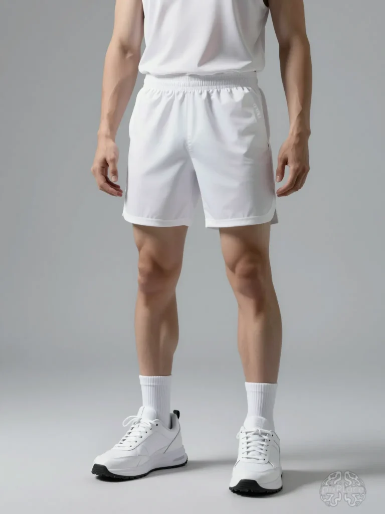 Male mannequin in white athletic wear, including sleeveless top and shorts, white socks, and high-top sneakers, on a light gray background