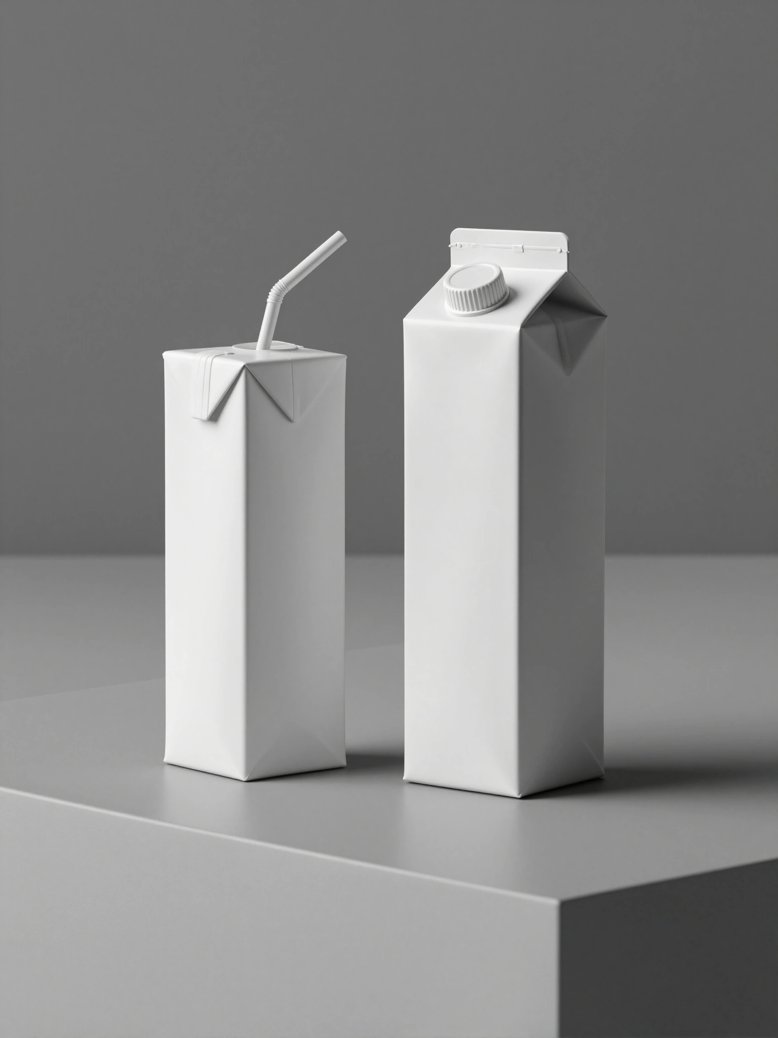 Two white beverage cartons on a grey surface, one with a straw and the other with a folded flap.