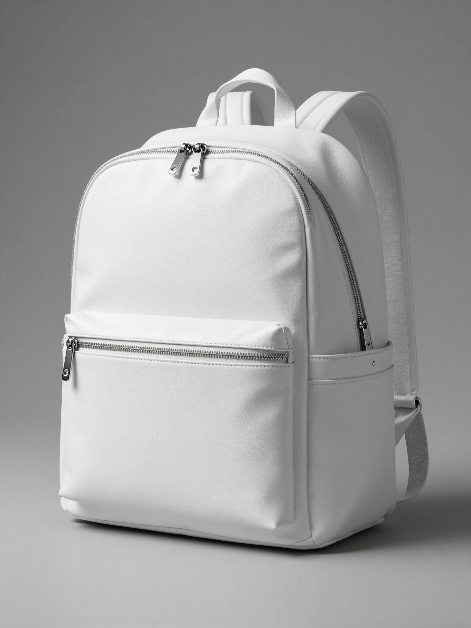 White leather backpack with sleek design and zippered front pocket, set against a gray background with subtle shadowing.