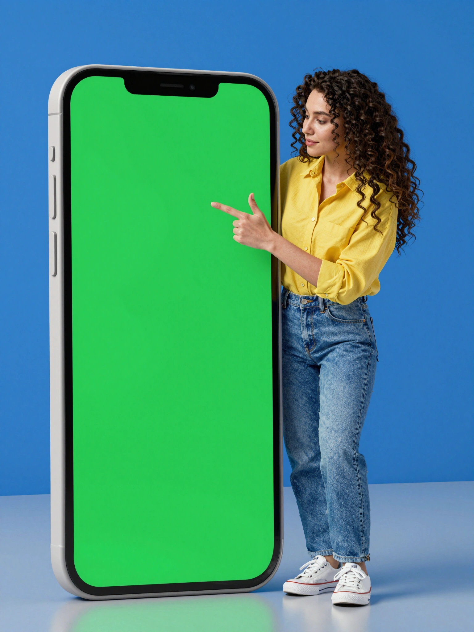 Woman holding large smartphone with green screen