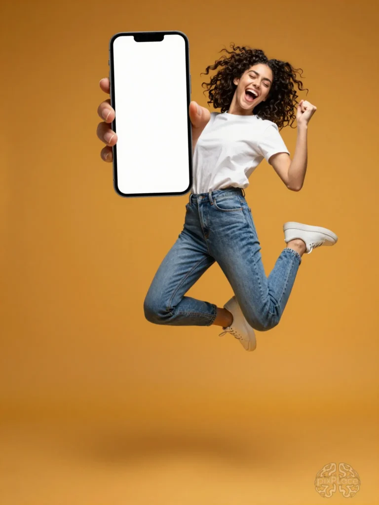Woman jumping with smartphone in hand against yellow background