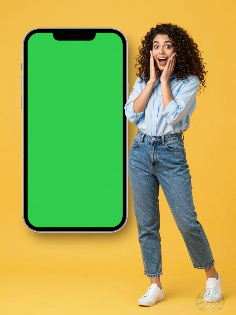 Woman holding large smartphone with green screen, surprised expression, yellow background
