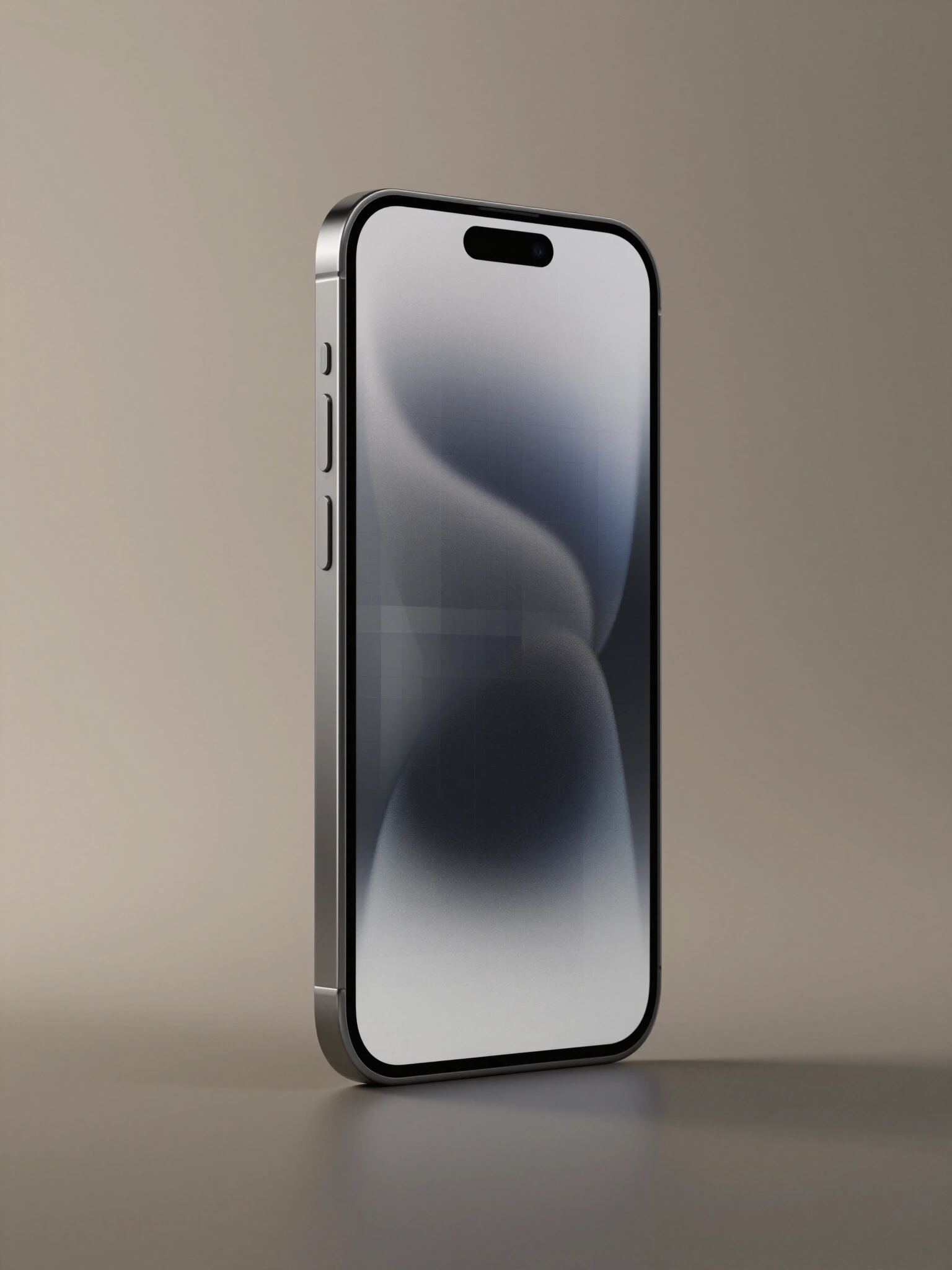Smartphone standing upright at an angle with transparent screen displaying gray and white checkered pattern