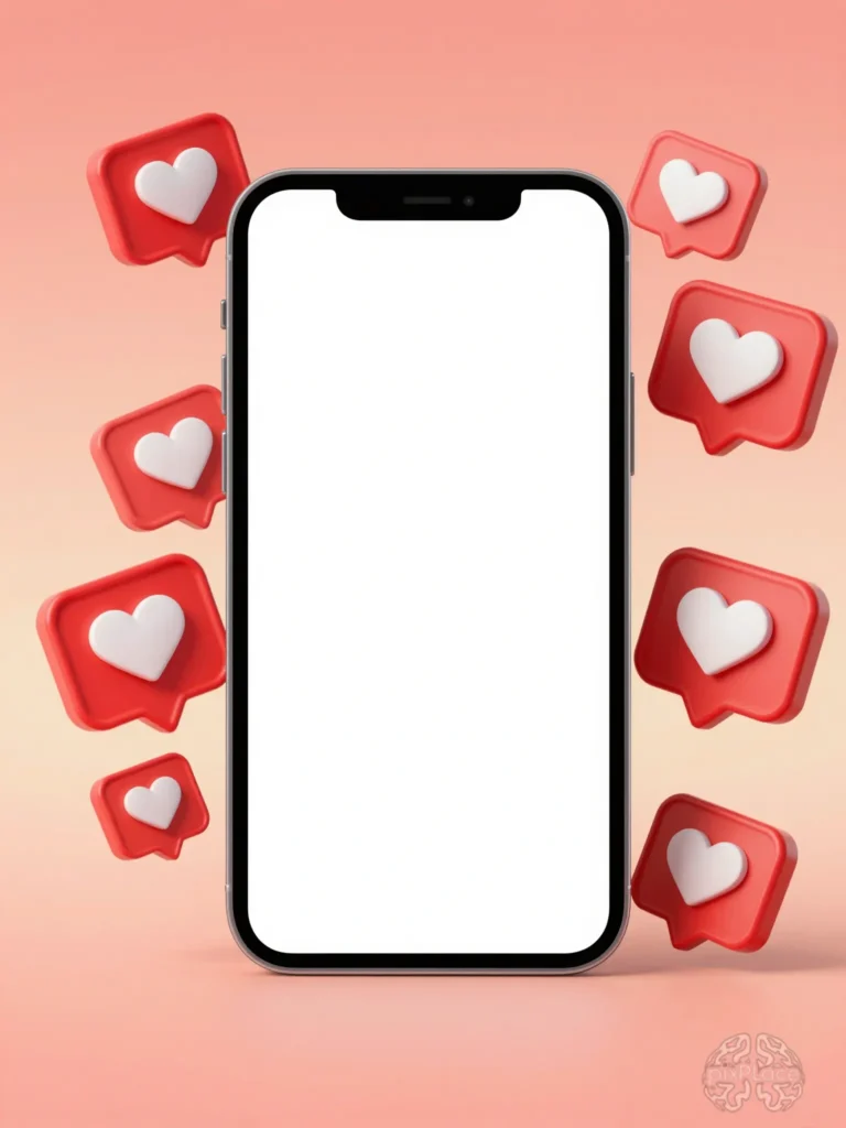 Smartphone with blank screen surrounded by red social media icons on peach background