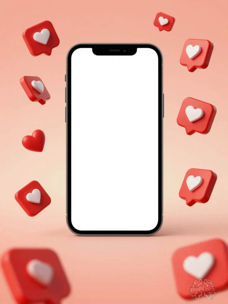 Smartphone with blank screen surrounded by red like icons on peach background