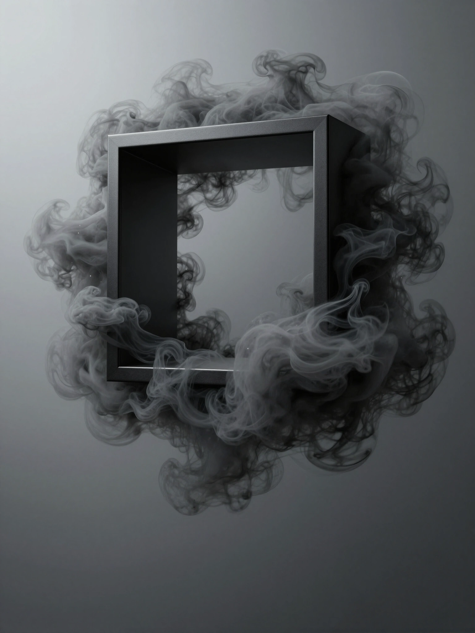 A black-framed square aperture surrounded by dark gray smoke clouds against a gradient gray background.