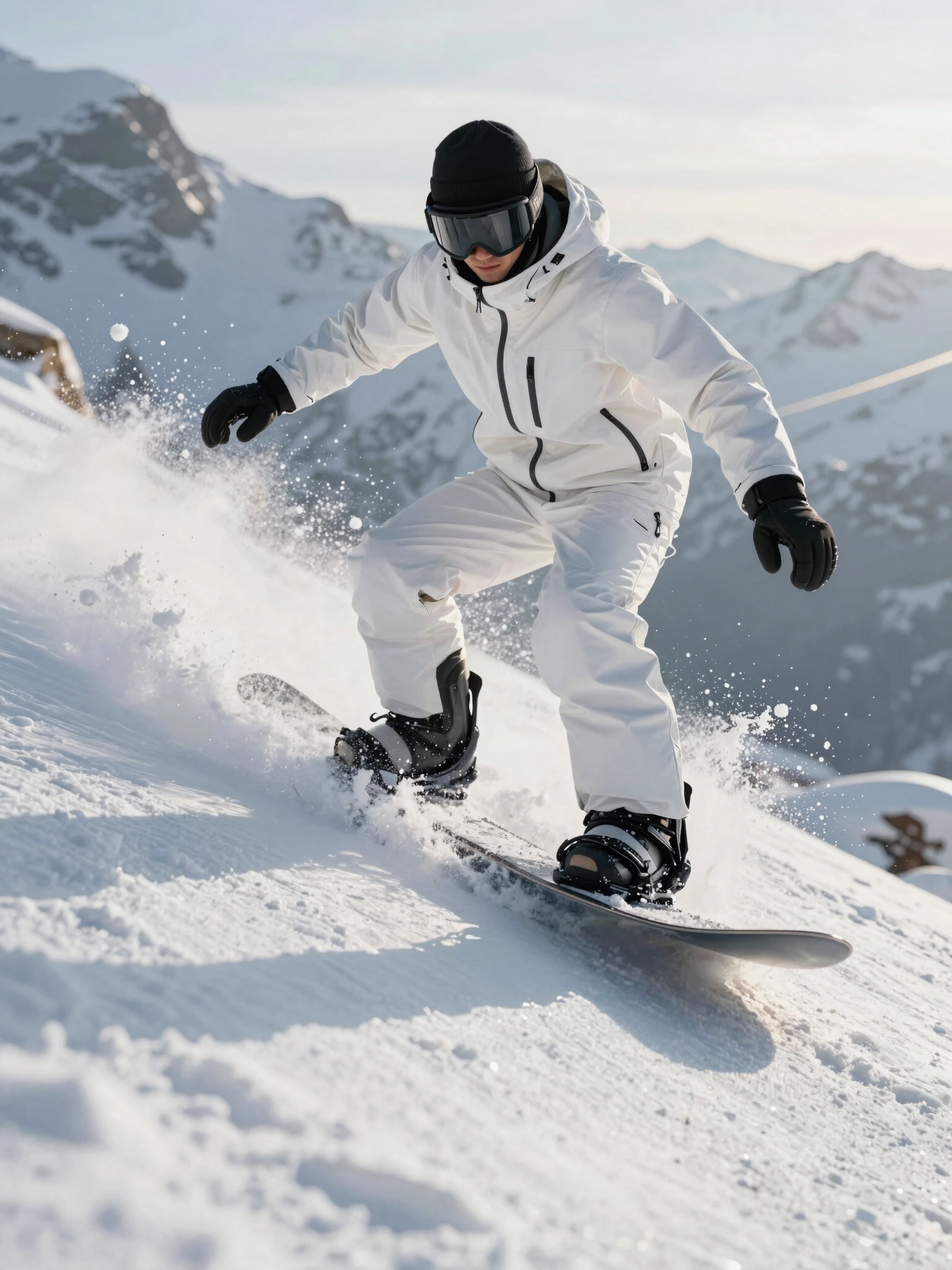 Snowboarder in white suit performing a turn on a snowboard