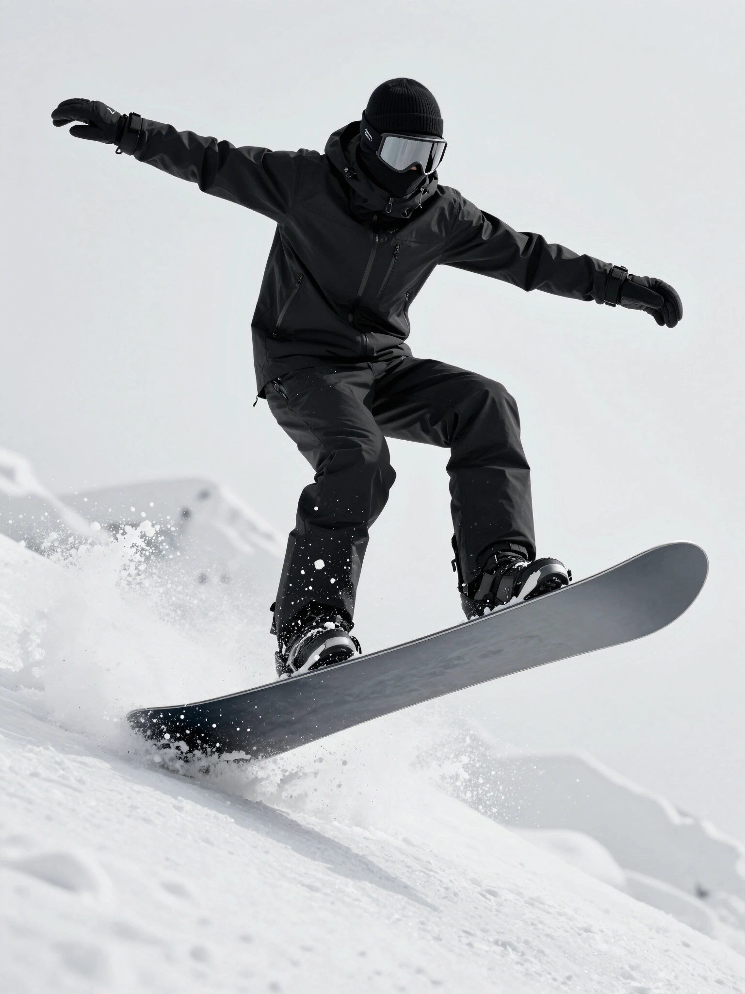 Snowboarder in black snowsuit with goggles and beanie, snowboarding down a slope with snow splashing around the board.