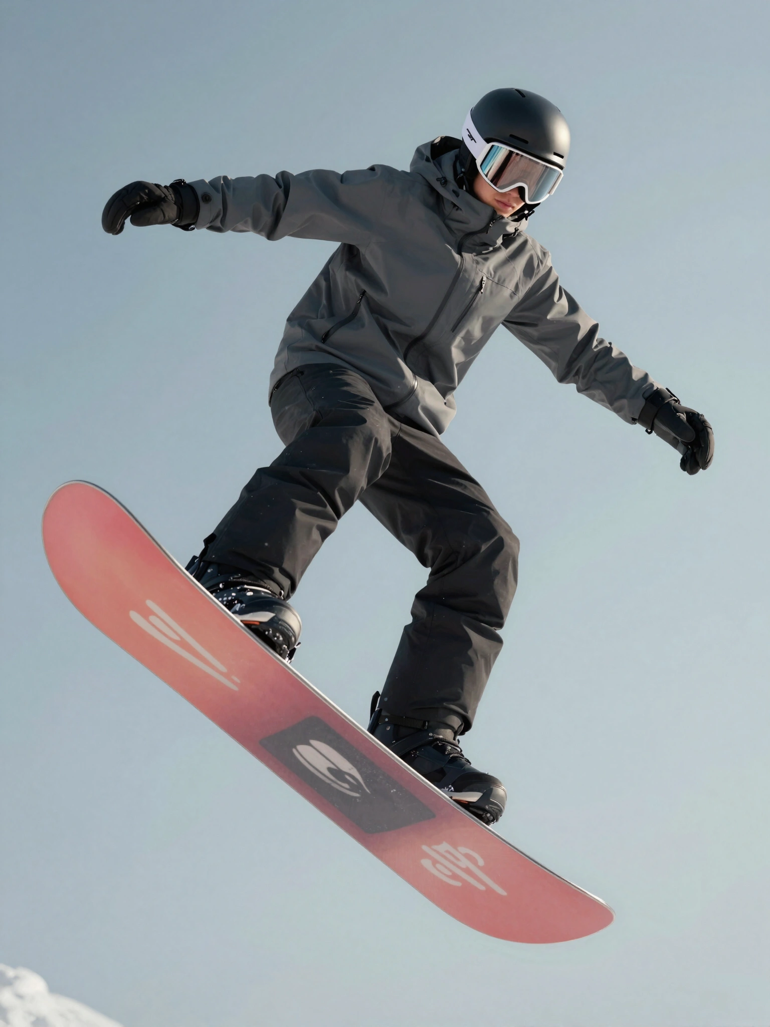 Illustration of a snowboarder with red snowboard, black helmet, and grey jacket.