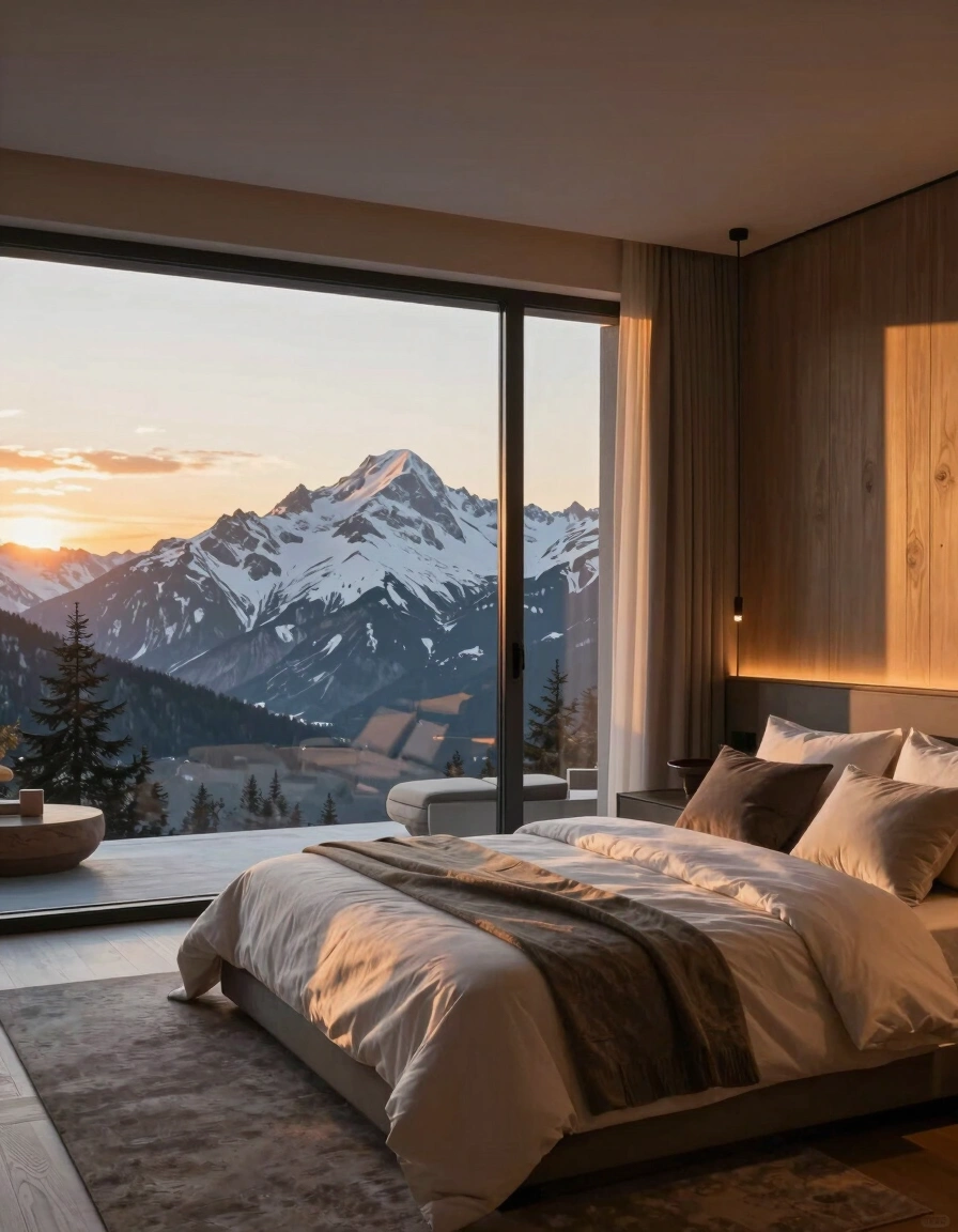 Modern bedroom with large window showing snowy mountains at sunset