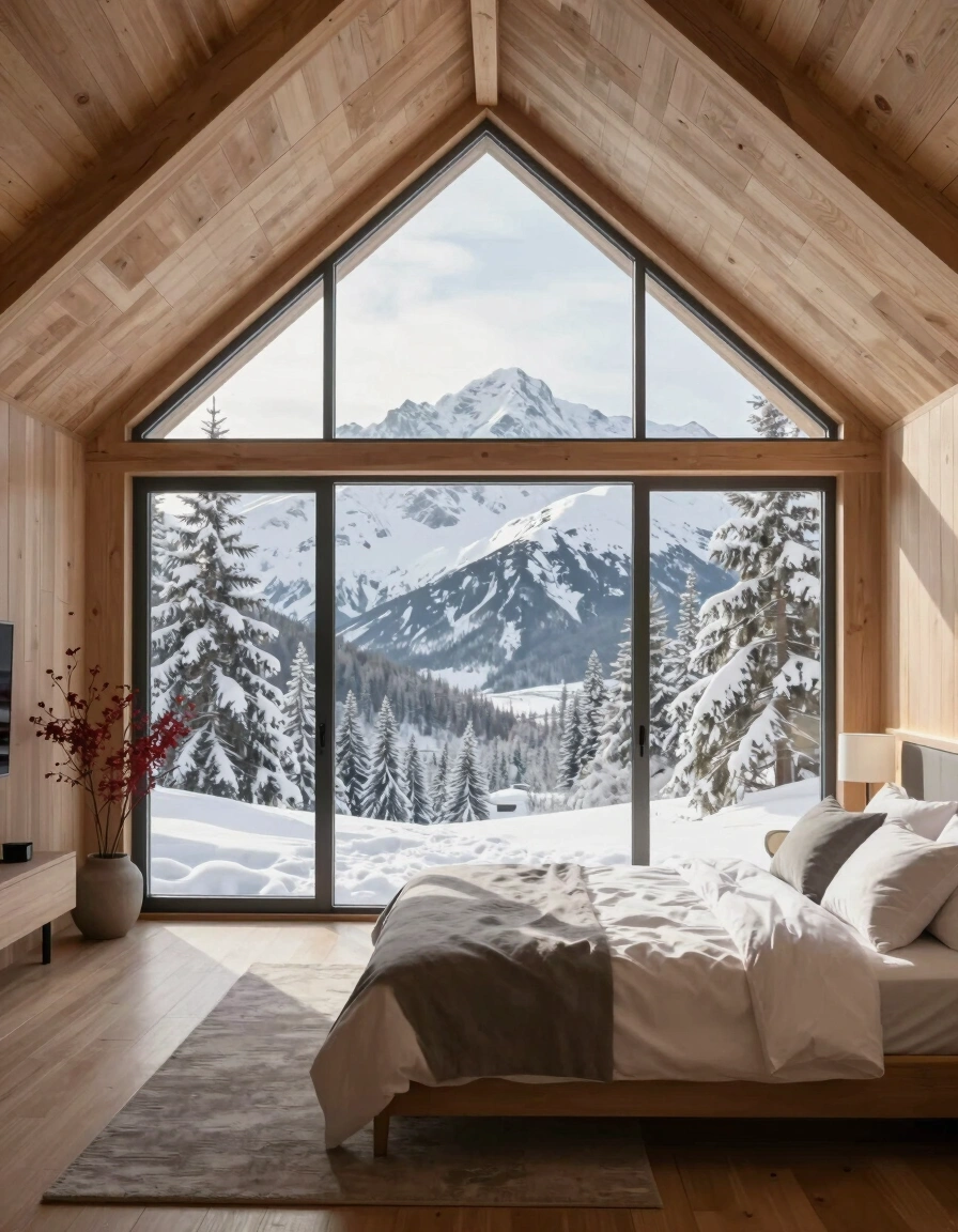 A peaceful bedroom with a vaulted ceiling and large windows offering a stunning view of snow-covered mountains and trees.