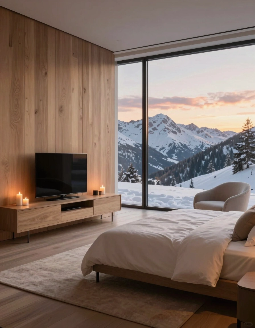 Modern bedroom with large window showing snowy mountains at sunset, minimalist bed, TV stand with candles, and comfortable armchair.
