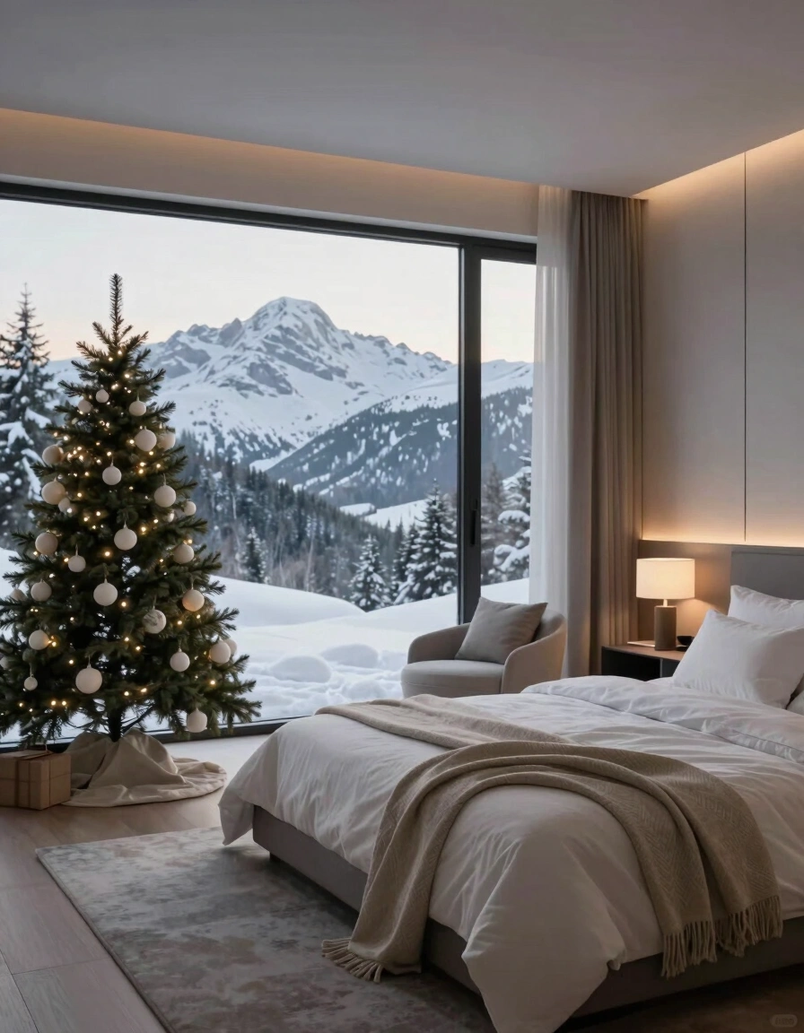 A modern bedroom with a large window showing a snowy mountain landscape, a Christmas tree, and a cozy bed with white linens and a beige throw blanket.