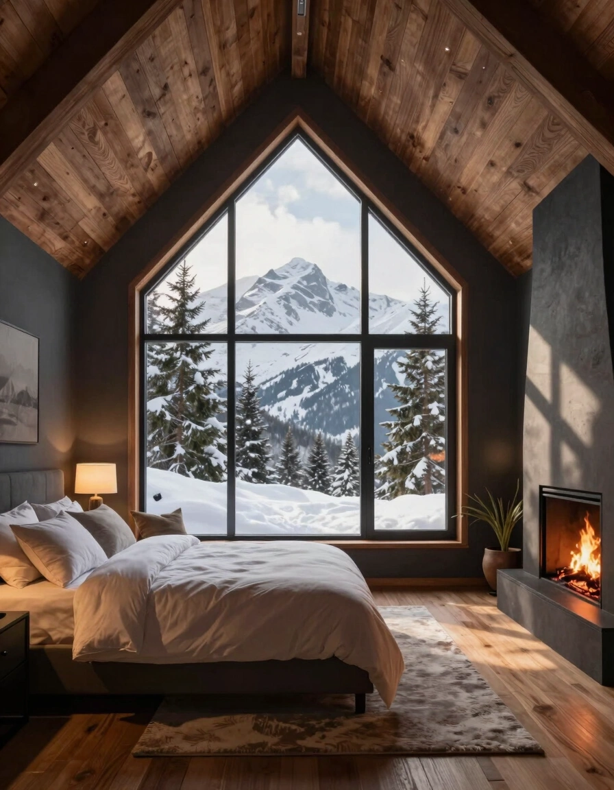 A serene bedroom with a large window showing a snowy mountain landscape, a cozy bed, and a warm fireplace.