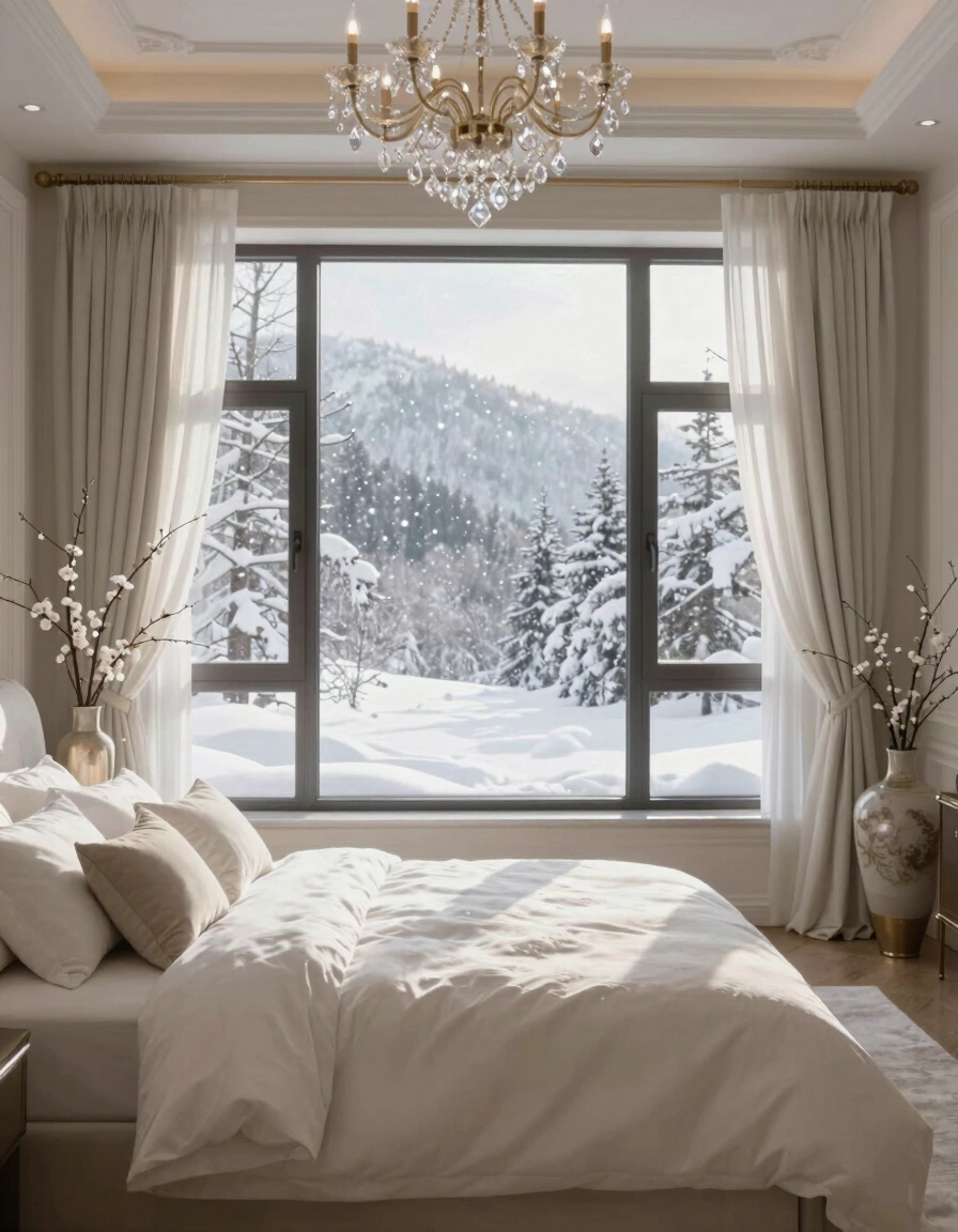 A peaceful bedroom with a large window, white curtains, and a chandelier, offering a serene winter landscape view.