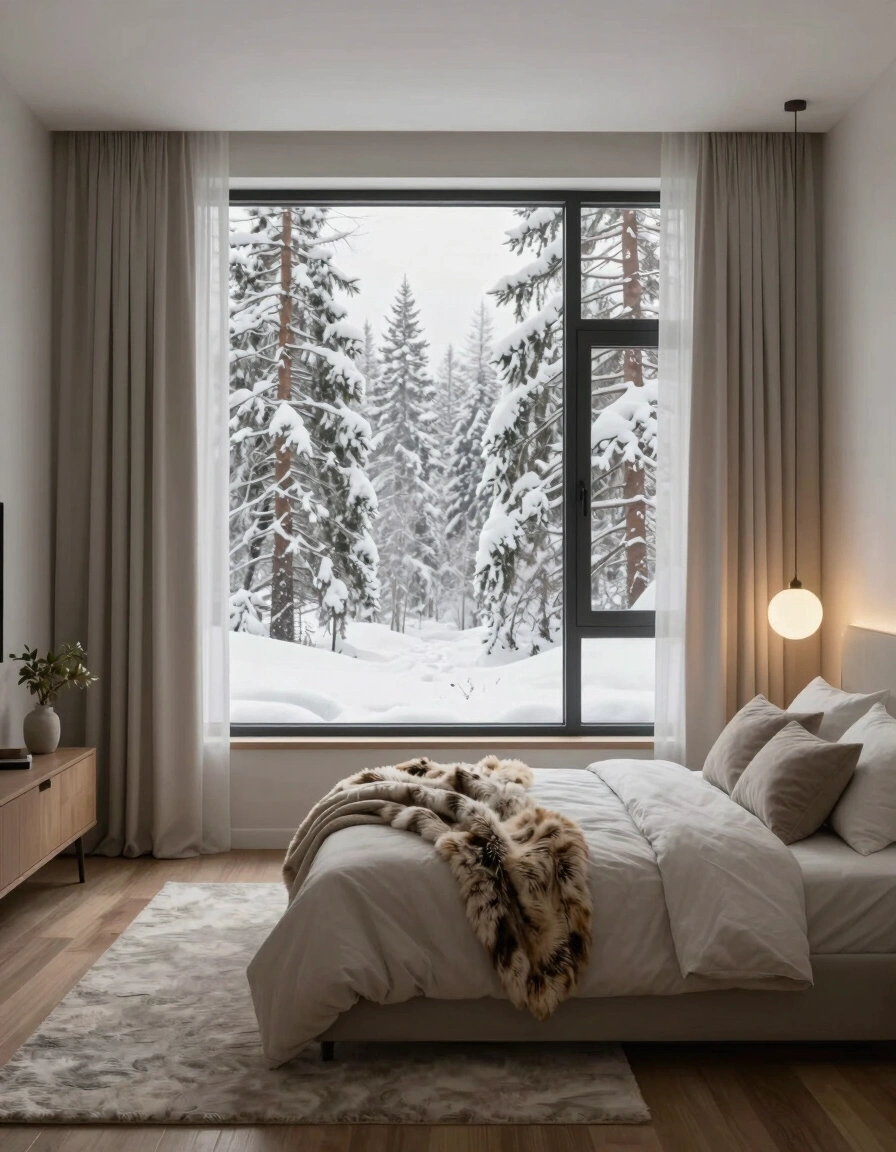 A serene bedroom with a white bed, fur throw blanket, and a large window showing a snow-covered forest.