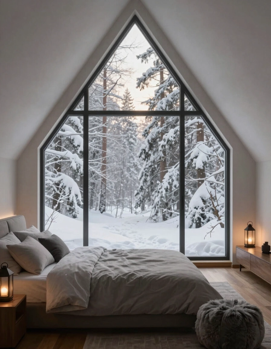 A modern bedroom with a large triangular window, gray bedding, and wooden nightstands, surrounded by a snowy forest.