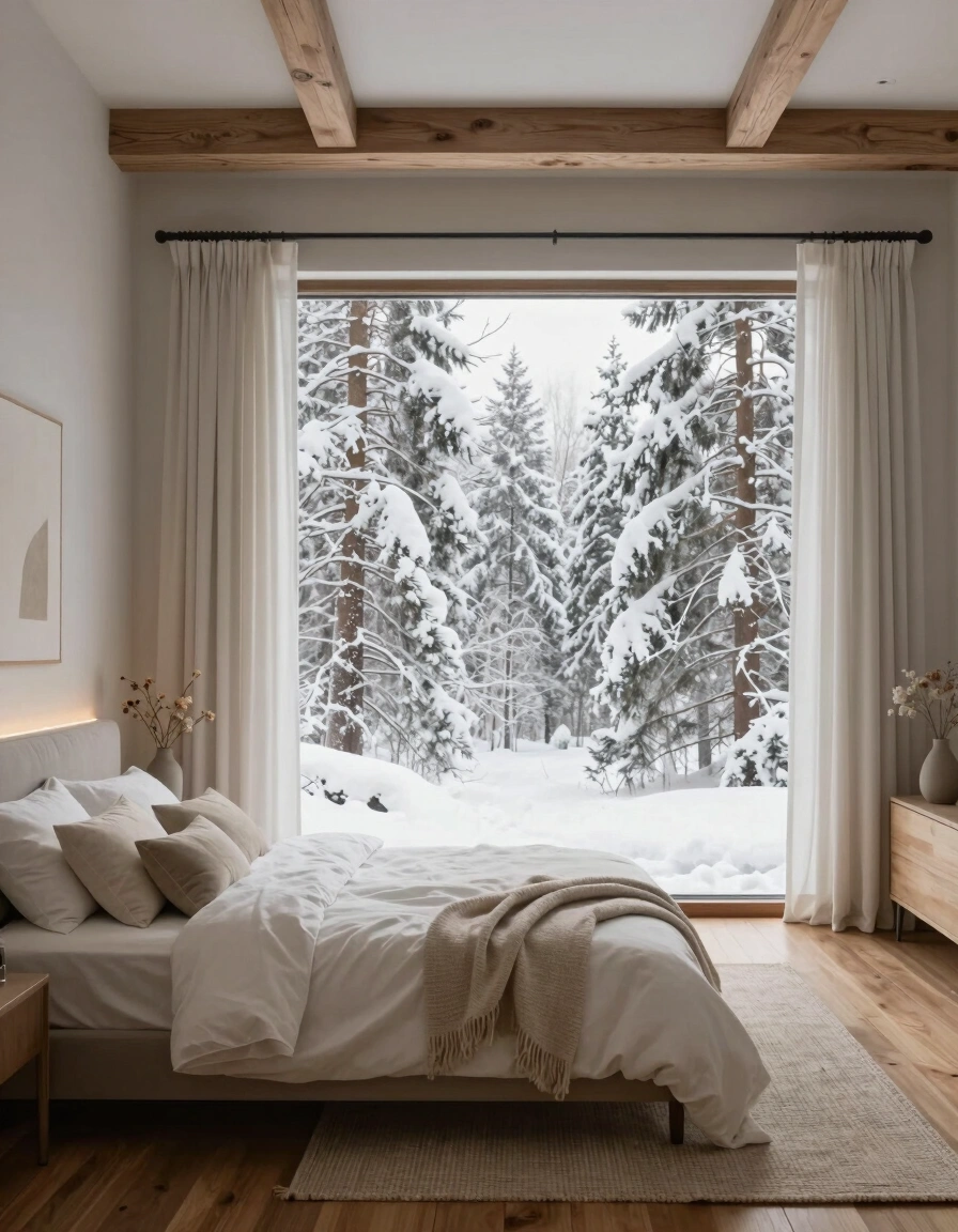 Bedroom with large window, white bed, and soft lighting, overlooking a snowy forest.