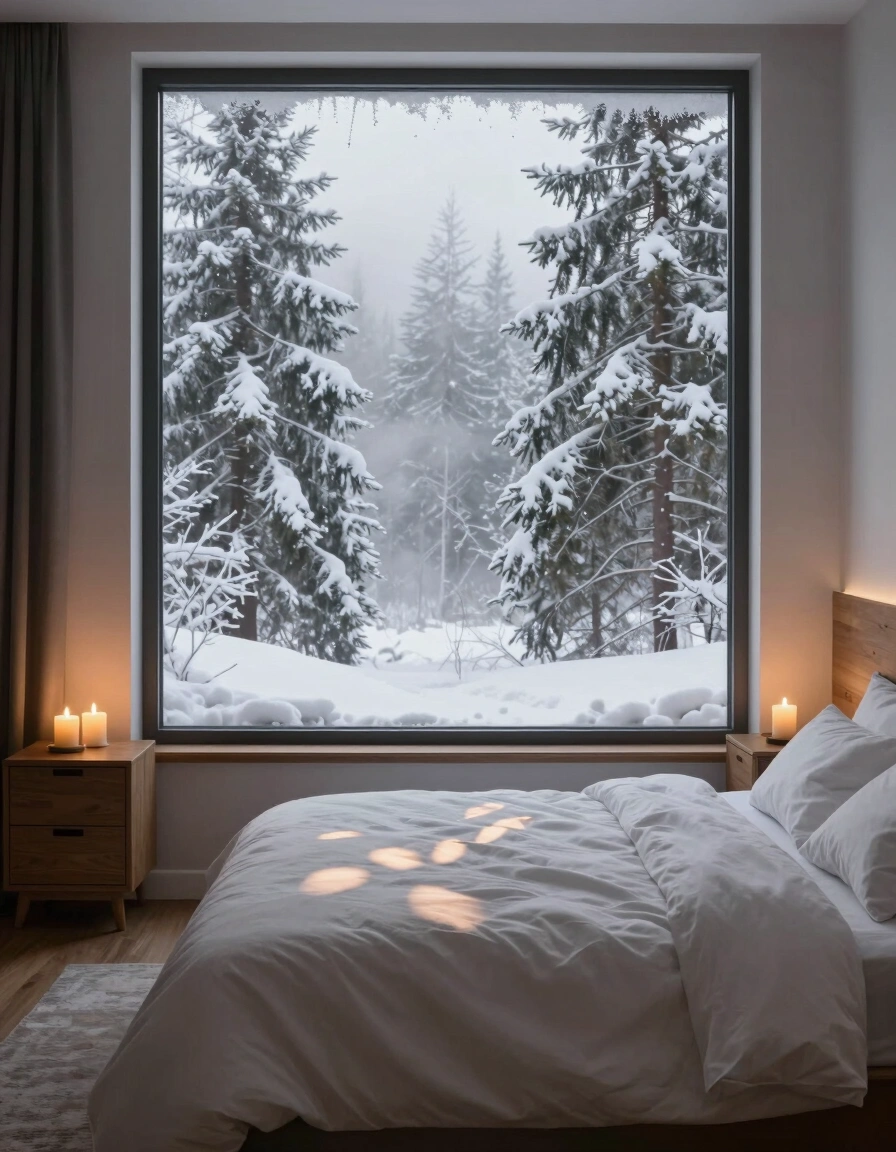 Bedroom with a large window showing a snowy forest, a bed with white bedding, and two nightstands with candles