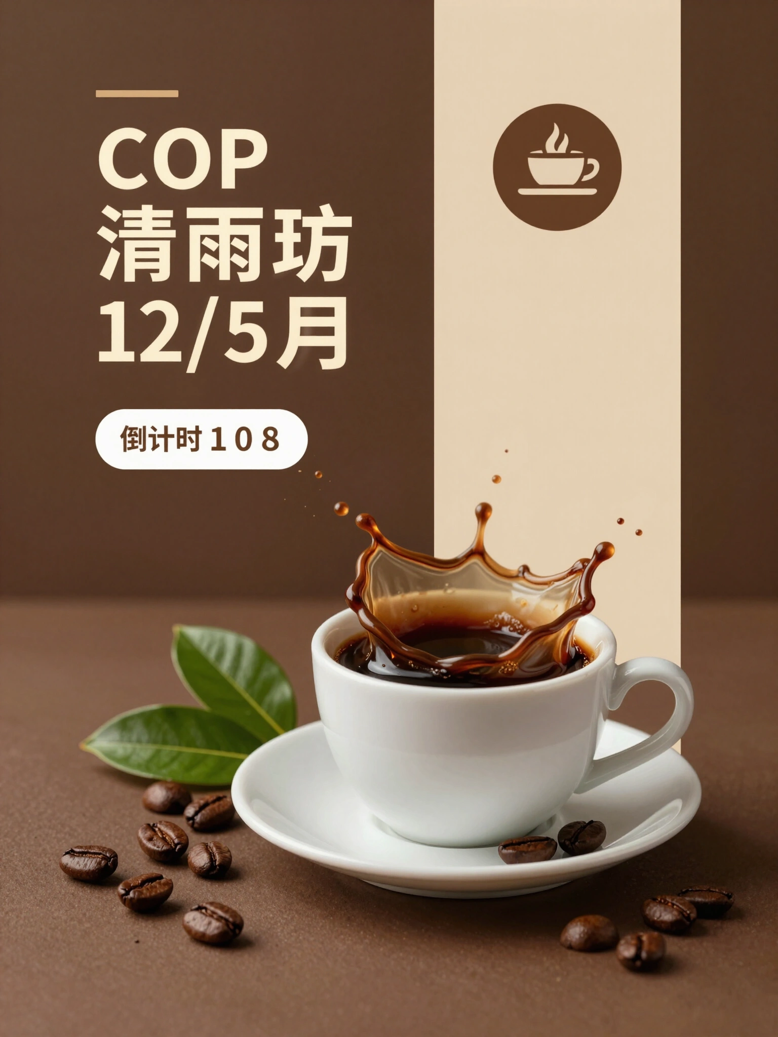 Coffee shop advertisement with a white coffee cup on a saucer, coffee beans, and green leaves, on a brown background with a beige banner.
