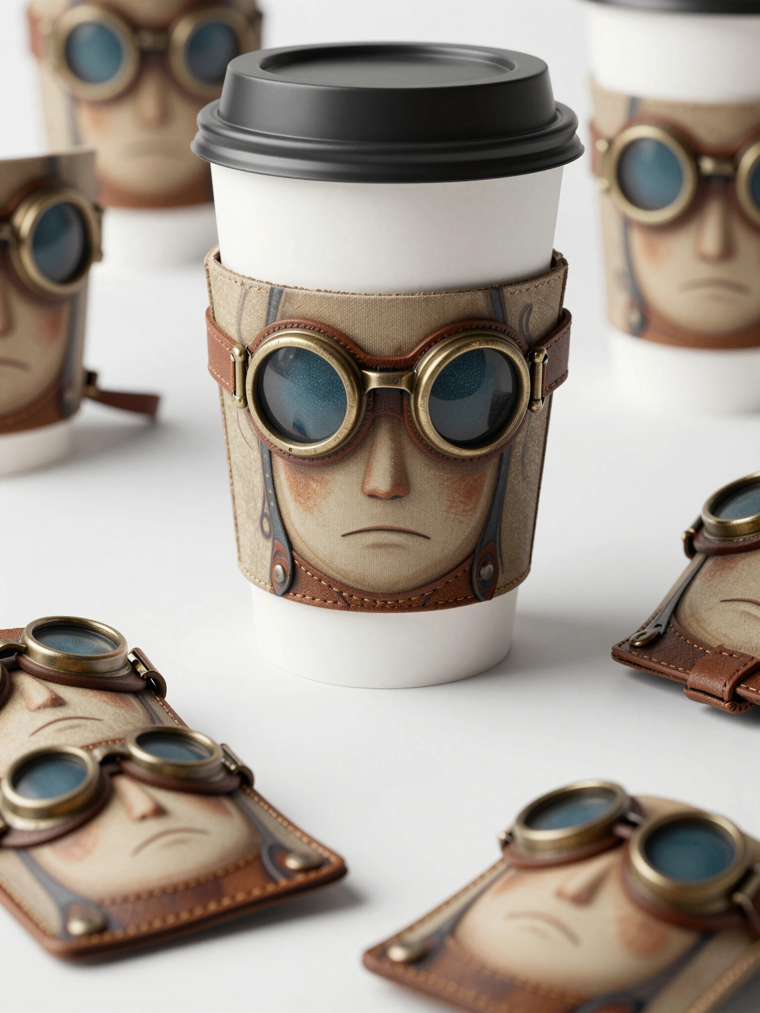 Steampunk coffee cup sleeve with cartoon face, goggles, and leather strap