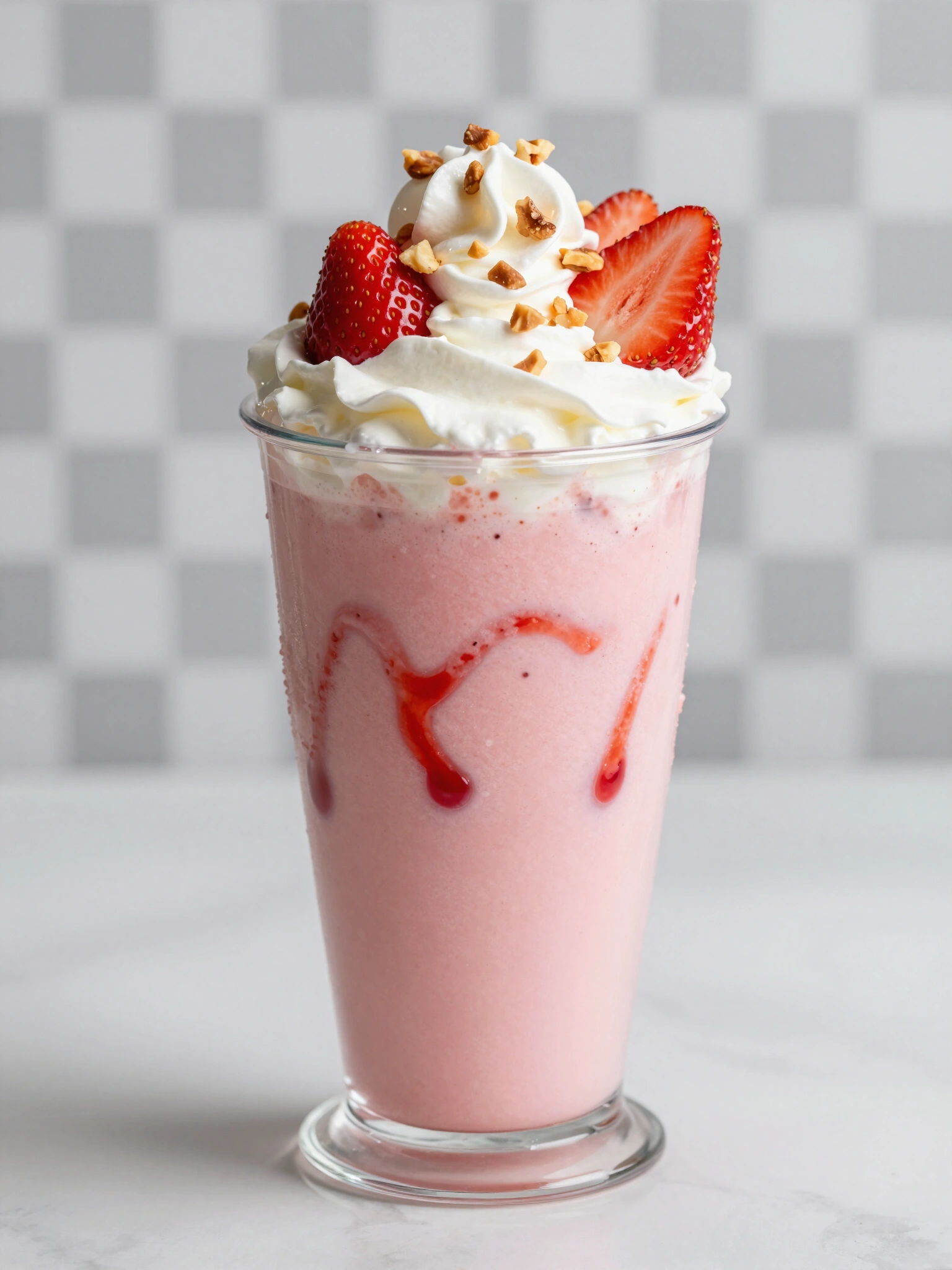 Delicious strawberry milkshake with whipped cream and nuts