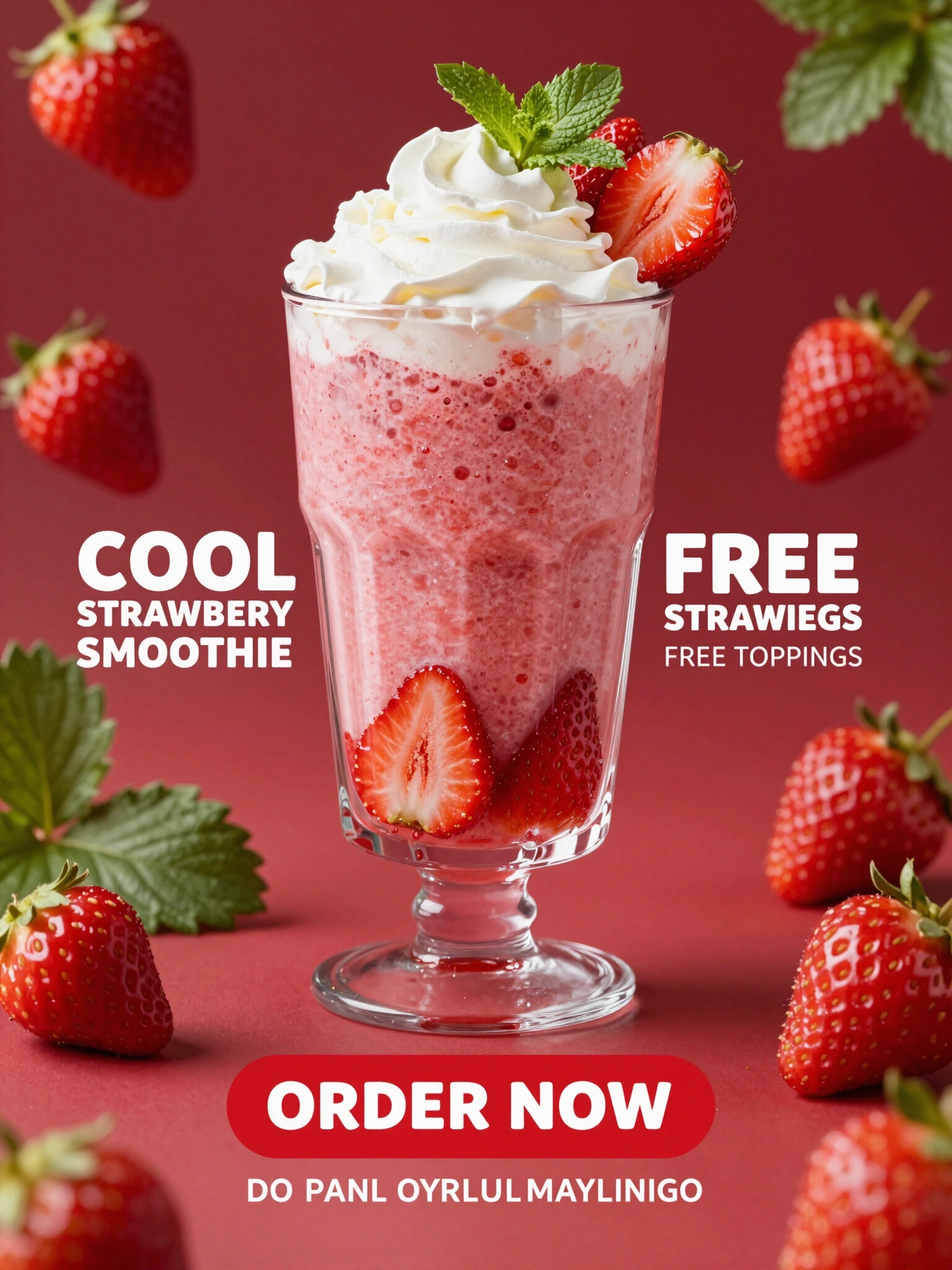 A vibrant advertisement for a strawberry smoothie featuring a glass filled with pink smoothie, topped with whipped cream and strawberries.