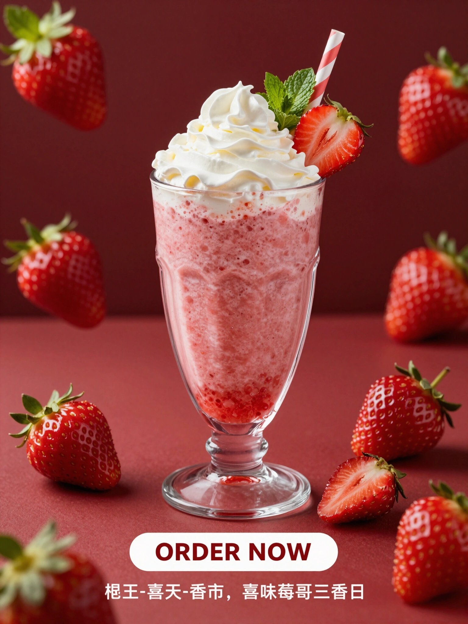A glass of strawberry smoothie with whipped cream and sliced strawberries on top, set against a red background with floating strawberries and mint leaves.