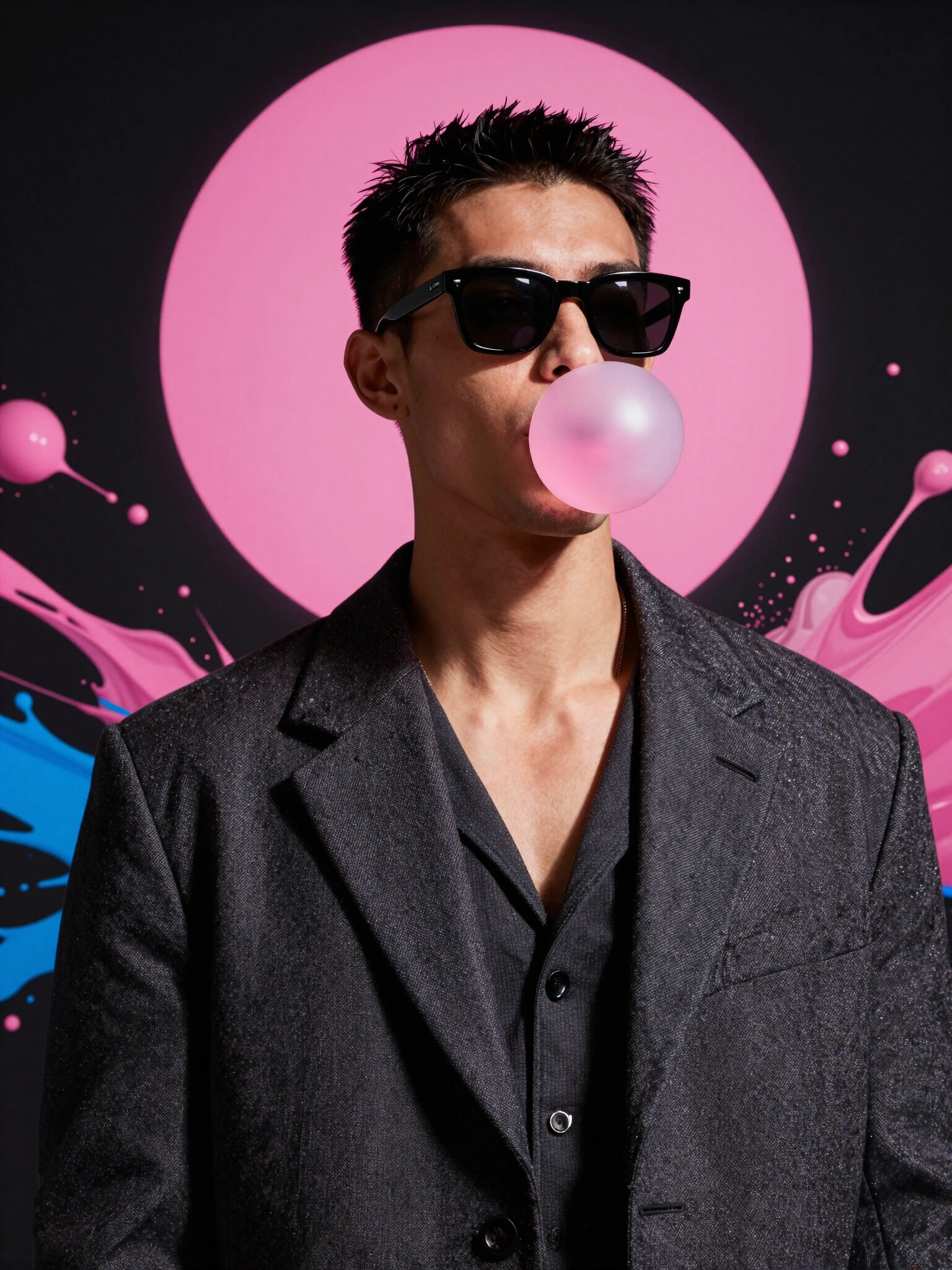 Male model in sunglasses blowing pink bubble gum bubble against black background with pink and blue paint splatters