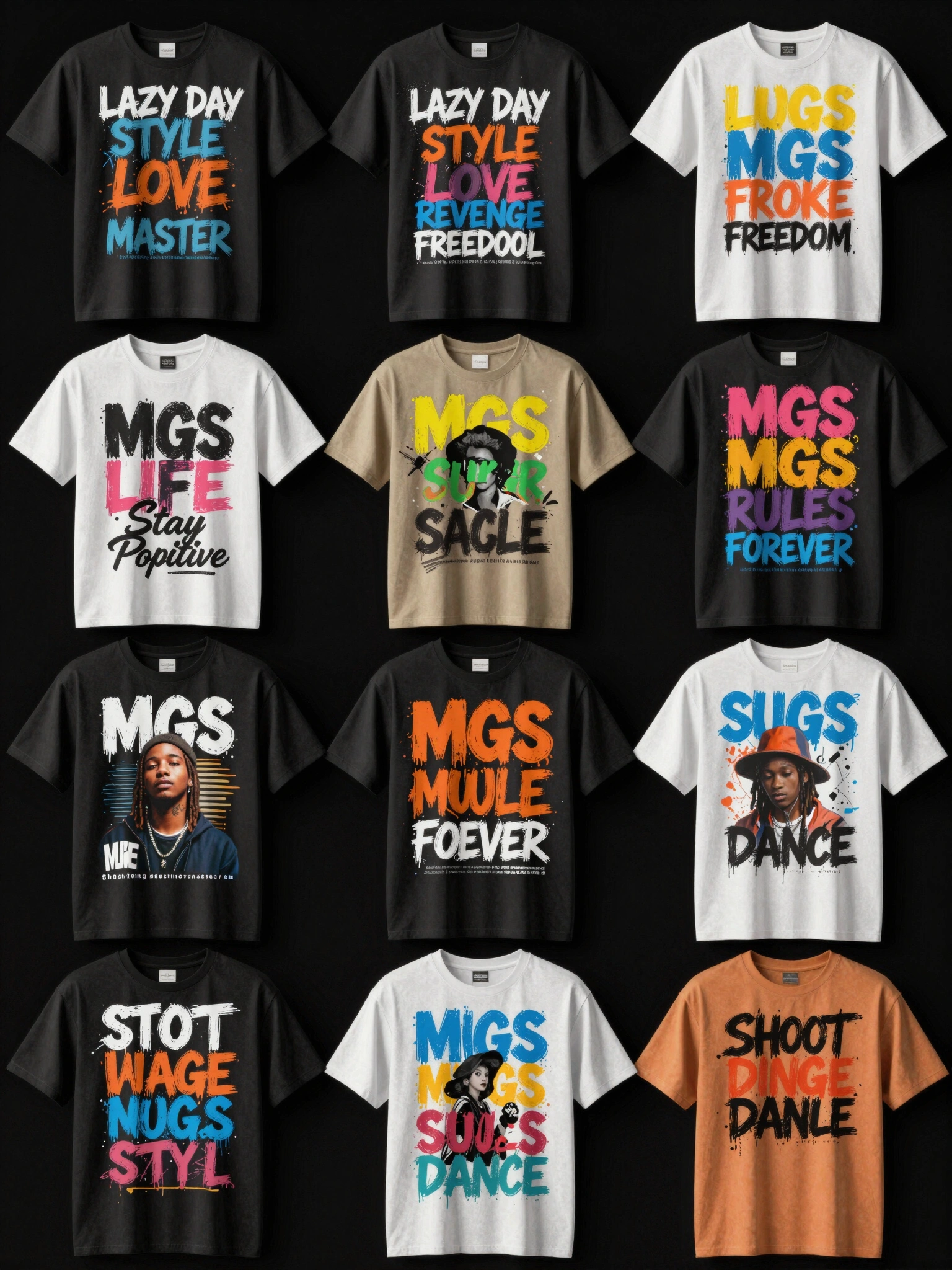 Streetwear t-shirt collection with 14 graffiti designs on black background