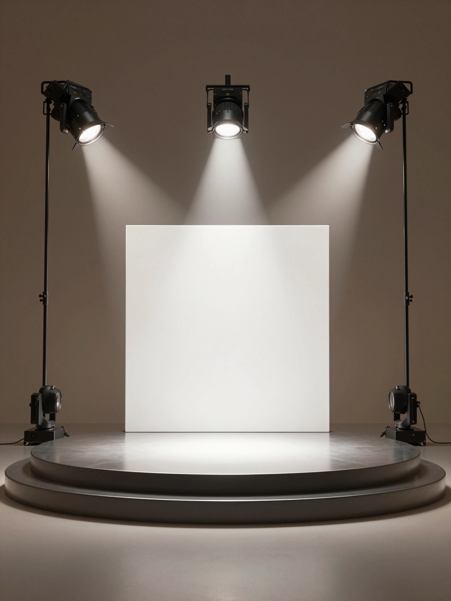 Three studio spotlights on a circular stage shining on a white backdrop