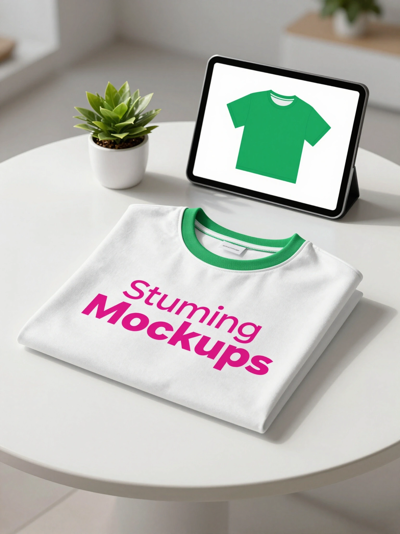 Folded white t-shirt with green trim and magenta text on a white table with a tablet and potted plant