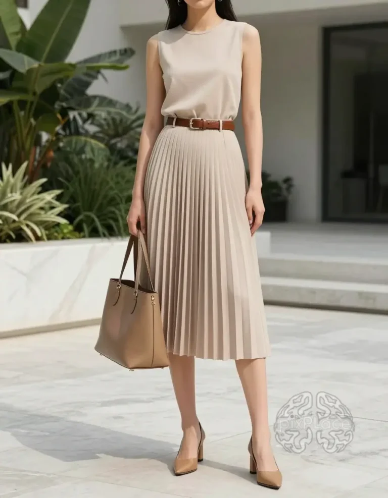 A fashion infographic showcasing a summer casual chic capsule wardrobe with 11 pieces, including tops, bottoms, a dress, footwear, and accessories, and five outfit combinations, emphasizing a neutral color palette and elegant styling.