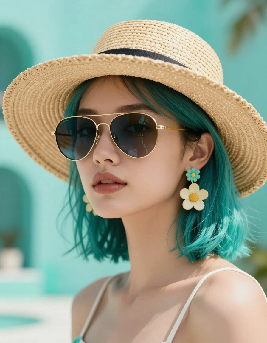 Young woman with teal hair and gold sunglasses
