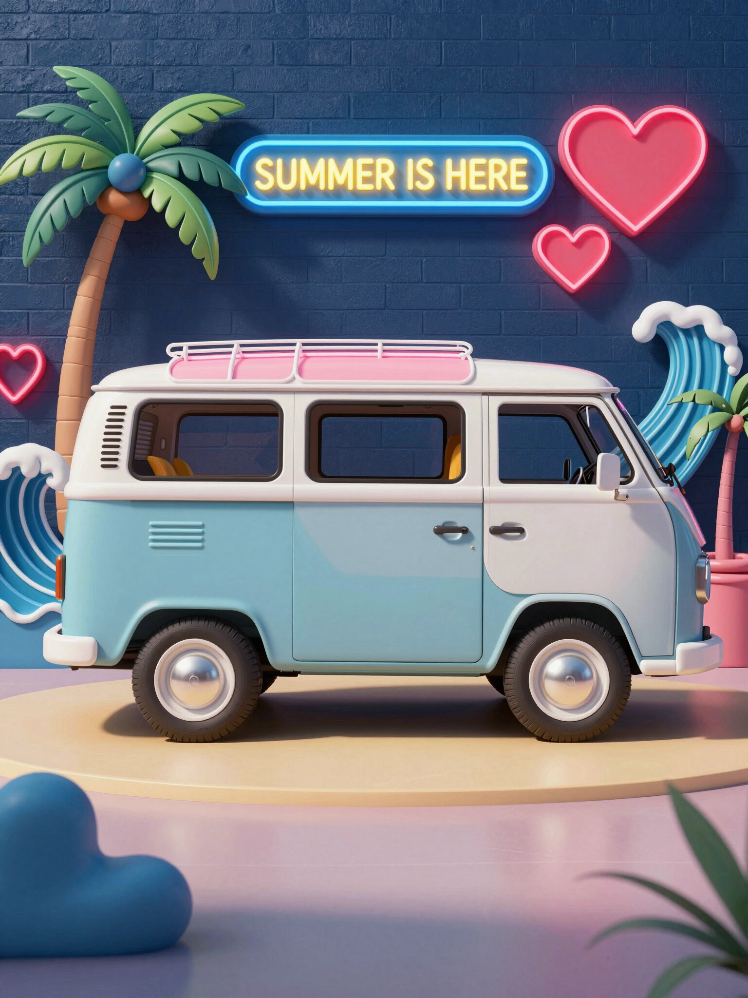 Neon van surrounded by palm tree, waves, and heart, with 'SUMMER IS HERE' banner