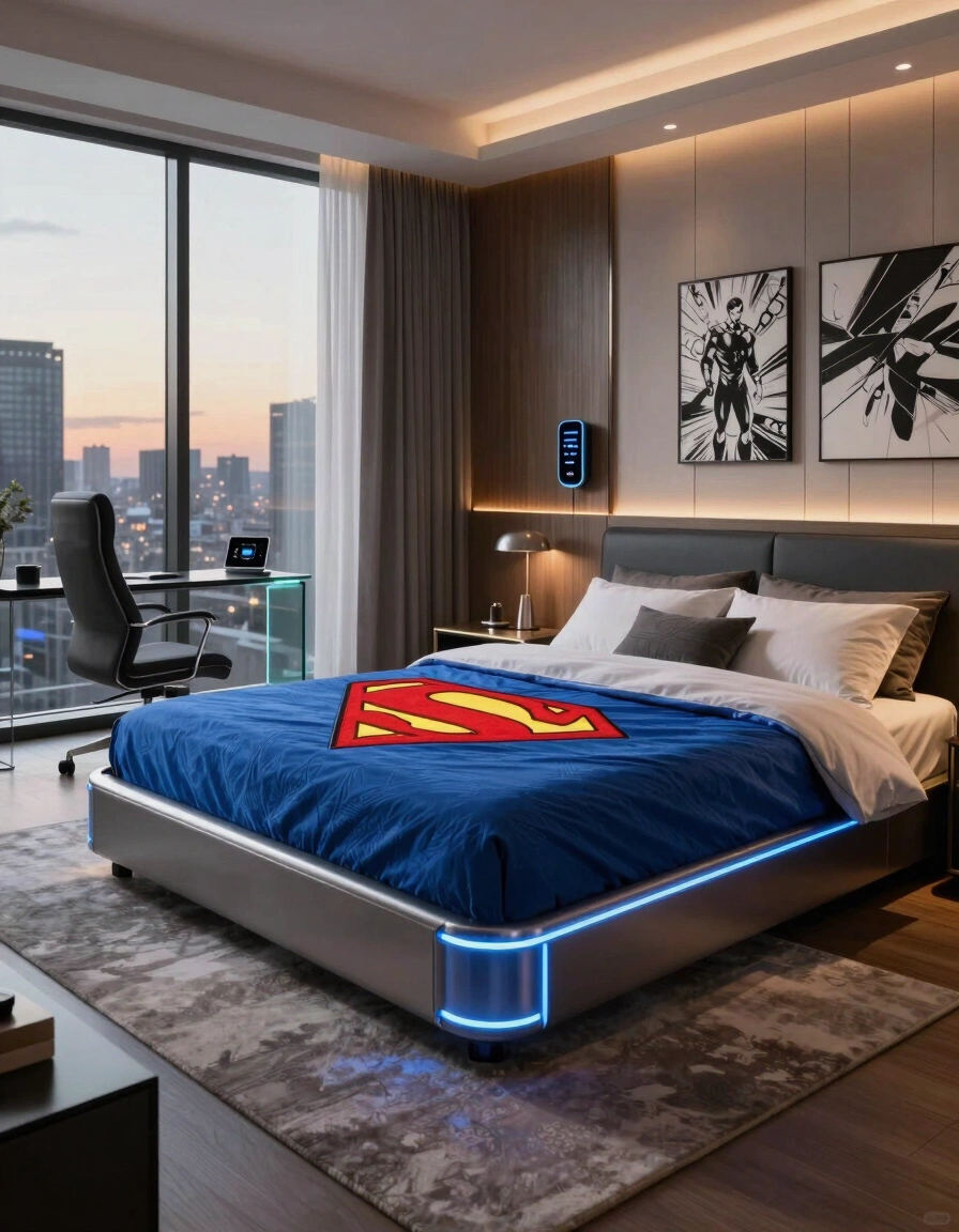 Futuristic bedroom with Superman bed and city view