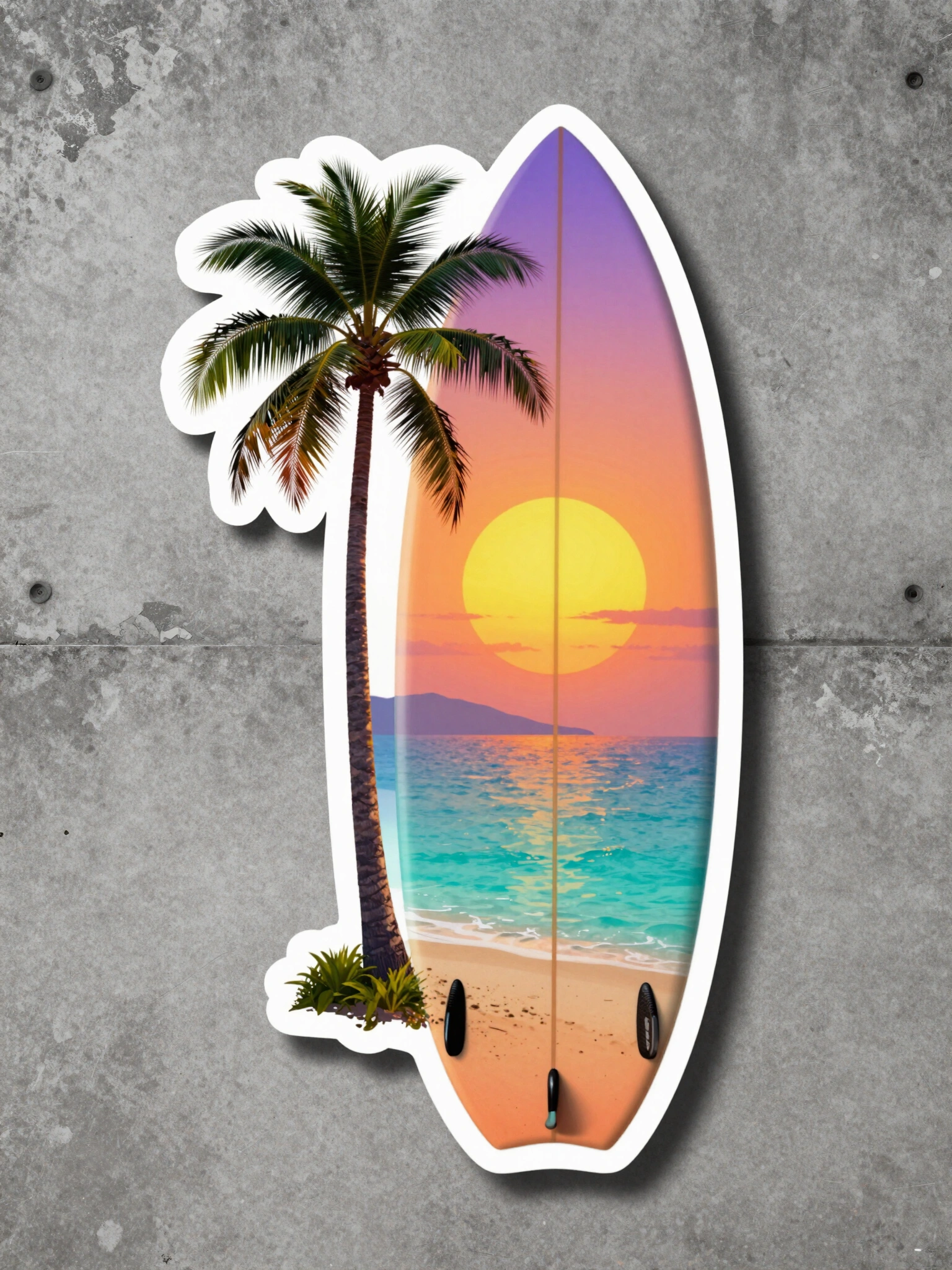 A sticker featuring a surfboard and palm tree on a beach at sunset, on a weathered concrete background