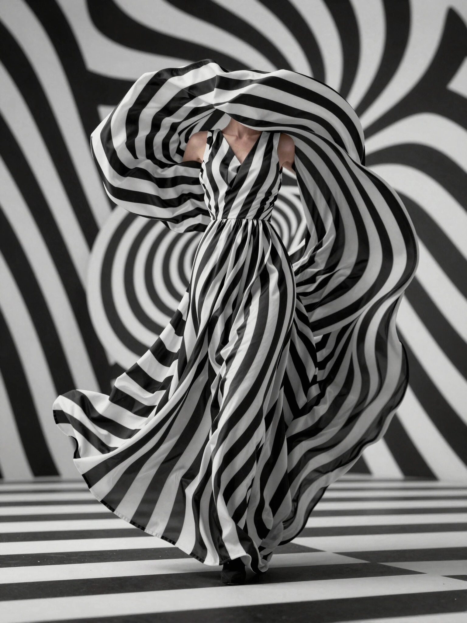 A flowing black and white striped dress in a surreal, dynamic environment with undulating stripes