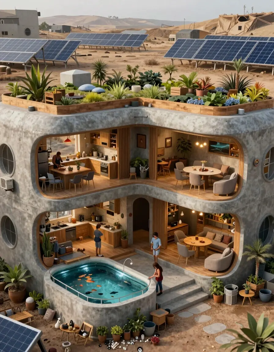 A detailed, cutaway illustration of an underground bunker with various levels, including a rooftop garden and fish farm, set in a desolate landscape with solar panels.