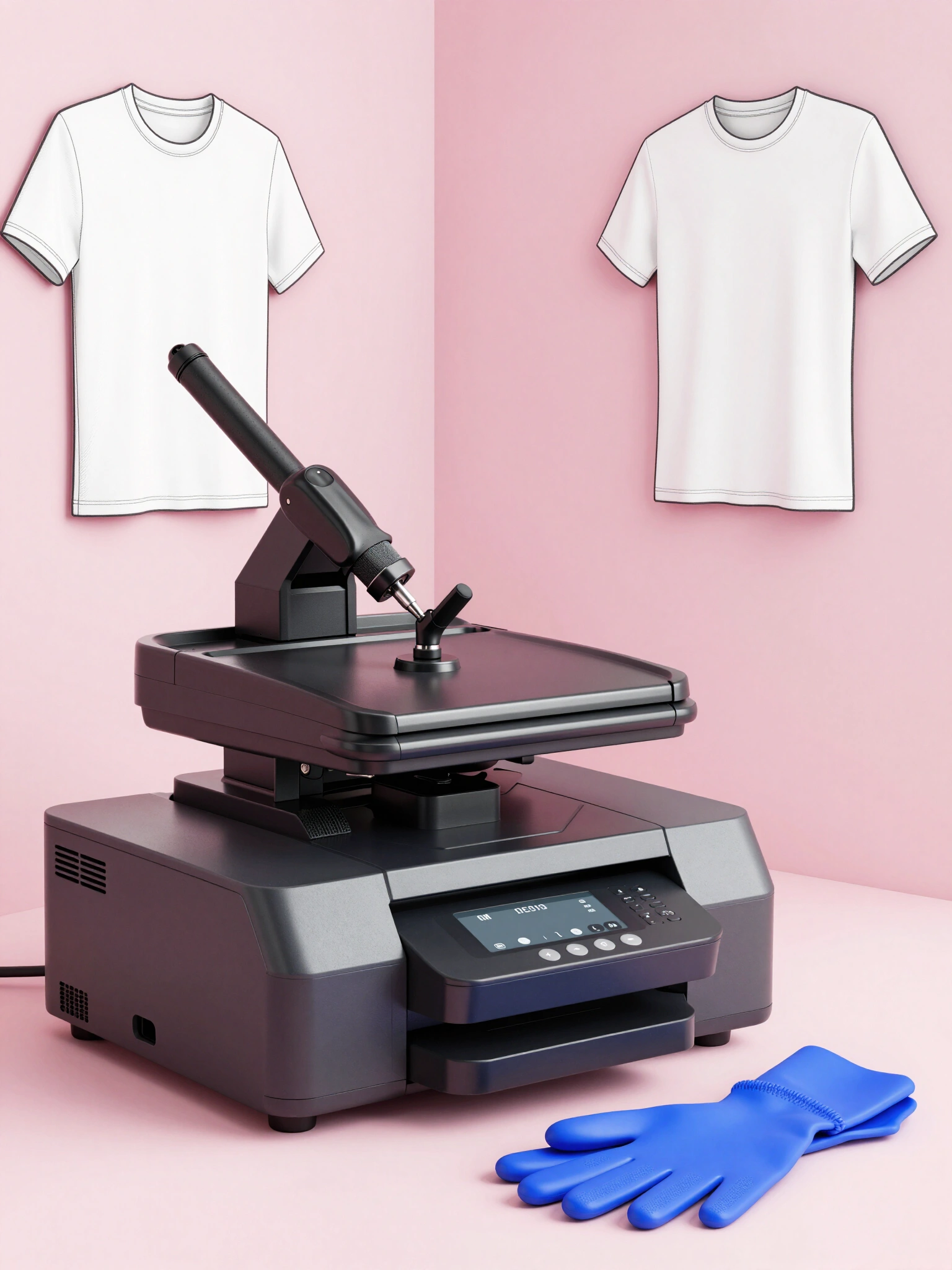 T-shirt printing business equipment checklist featuring a heat press, printer, and rubber gloves on a soft pink background.
