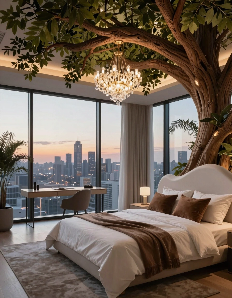A luxurious bedroom featuring a tree-like design with a white bed and brown accents, set against a backdrop of city skyscrapers visible through large windows.