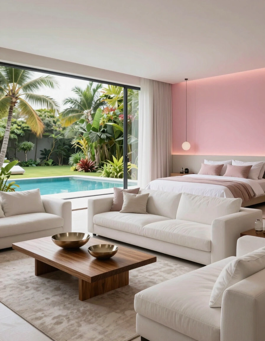 A modern bedroom with white sofas, a wooden coffee table, and a large window showing a tropical garden.
